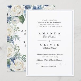 Convites Casamento Clássico Elegante de Rosa Floral Azul D