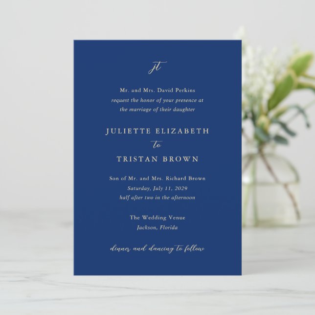 Convites Casamento Clássico Elegante em Azul Marinho e Crem (Em pé/Frente)