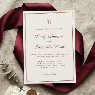 Convites Casamento Clássico Elegante em Borgonha e Creme