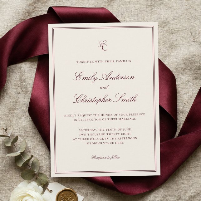 Convites Casamento Clássico Elegante em Borgonha e Creme (Criador carregado)