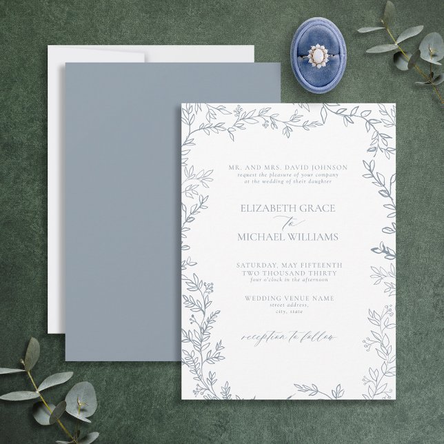 Convites Casamento Clássico Elegante Formal com Folha Azul (Criador carregado)