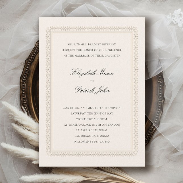 Convites Casamento Clássico Elegante Moderno Ecru Formal (formal traditional wedding invitation modern classic double frame deco ballroom black tie ecru)