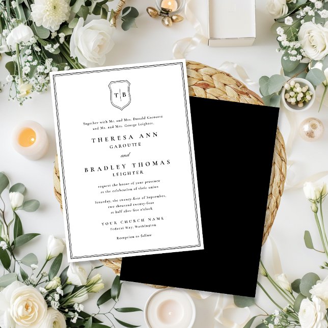 Convites Casamento Clássico Elegante Monograma Negra (Classic Elegant Monogram Black Crest Wedding Invitation)