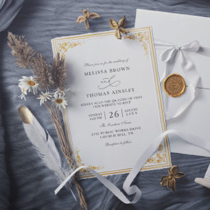 Convites Casamento Clássico Elegante Ouro Ecru Orçamento Có