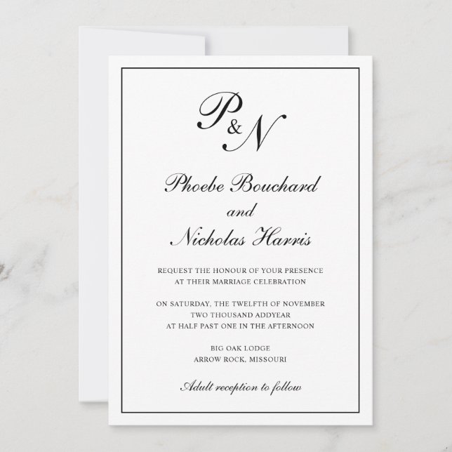 Convites Casamento Clássico Elegante Preto e Branco (Frente)