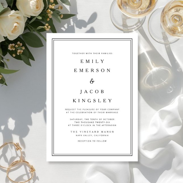 Convites Casamento Clássico Elegante Preto e Branco (Elegant Classic Black And White Wedding Invitation)