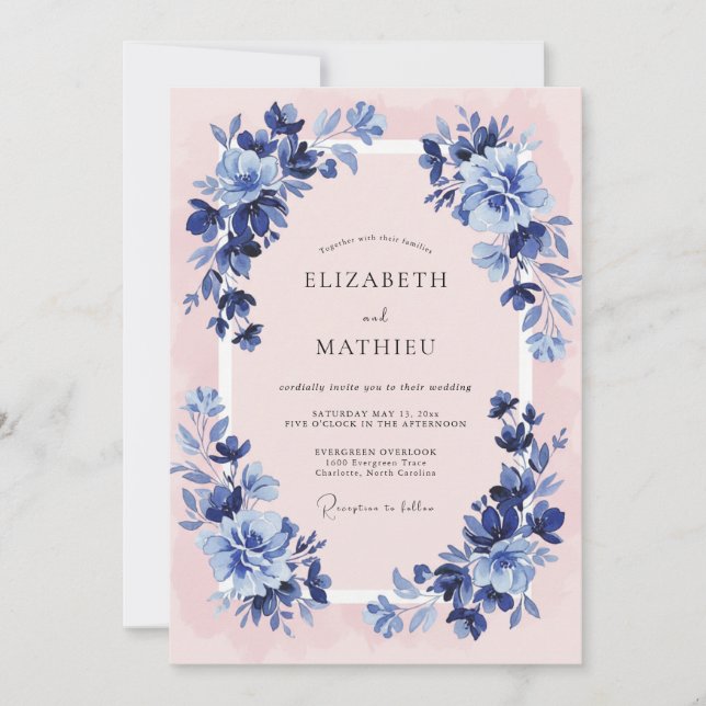 Convites Casamento Clássico Elegante Rosa Azul-Marinho (Frente)