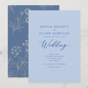 Convites casamento clássico em azul empoeirado com floração