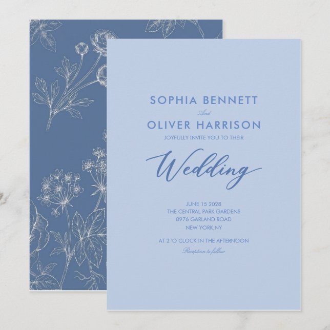 Convites casamento clássico em azul empoeirado com floração (Frente/Verso)