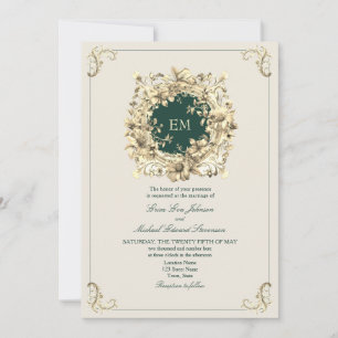 Convites Casamento Clássico em Dourado e Verde Esmeralda