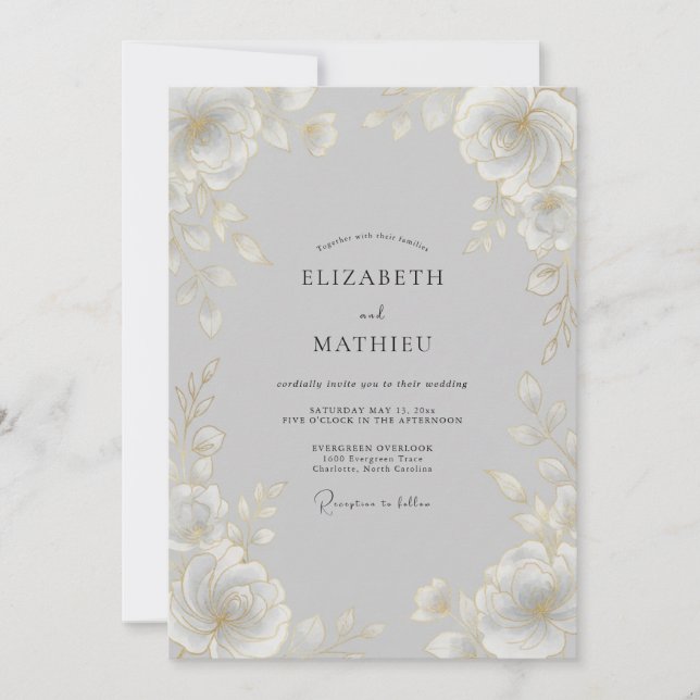 Convites Casamento Clássico Etéreo Cinza-Rocha (Frente)