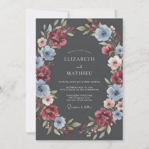 Convites Casamento Clássico Floral Azul Grená
