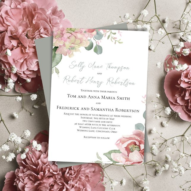 Convites Casamento Clássico Floral Cor-de-Rosa Esbranquiçad (Floral watercolor blush pink roses wedding invitations. )