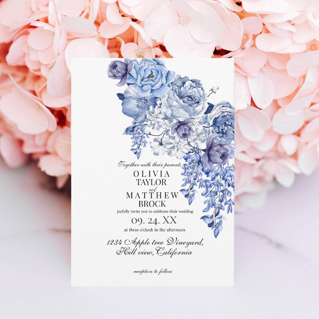 Convites Casamento Clássico Floral Elegante marinho (Criador carregado)