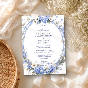 Convites Casamento Clássico Floral Pintura Aquarela Azul