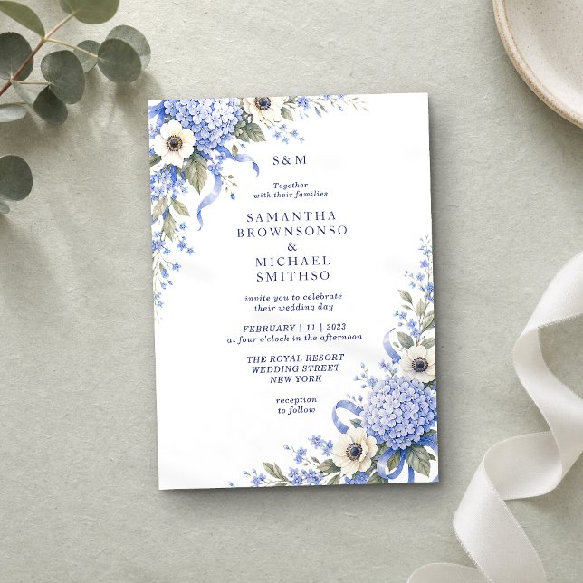 Convites Casamento Clássico Floral Porcelana Azul (Criador carregado)
