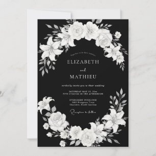 Convites Casamento Clássico Floral Preto e Branco Romance