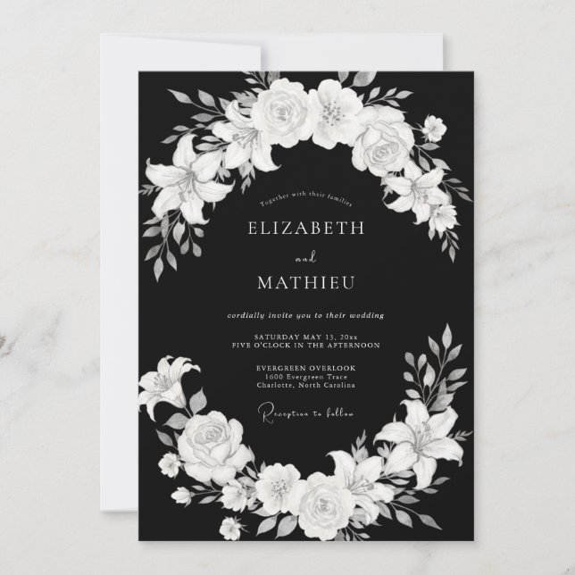 Convites Casamento Clássico Floral Preto e Branco Romance (Frente)
