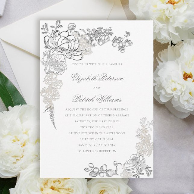 Convites Casamento Clássico Formal de Peões Embalados Faux (peony wedding invitation floral frame formal traditional elegant calligraphy modern classic ivory)