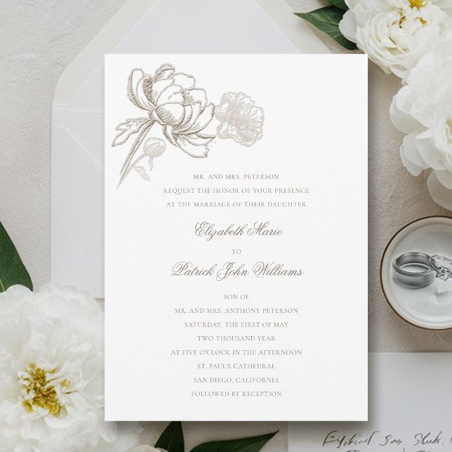 Convites Casamento Clássico Formal de Peões Embalados Faux (peony wedding invitation formal traditional elegant calligraphy modern classic bride parents)