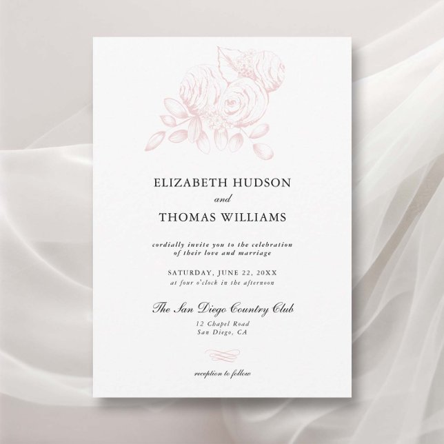 Convites Casamento Clássico Formal de Peony Floral Sketch (peony wedding invitation modern classic formal  floral sketch elegant romantic garden spring summer )