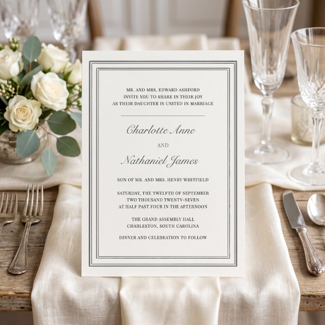 Convites Casamento Clássico Formal Ecru Ivory Triple Frame (Classic Formal Ecru Ivory Triple Frame Wedding Invitation)