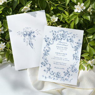 Convites Casamento Clássico Francês com Flores Azuis e Fita
