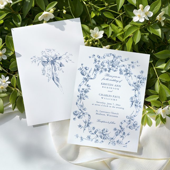 Convites Casamento Clássico Francês com Flores Azuis e Fita (Criador carregado)