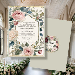 Convites Casamento Clássico Francês Vintage Floral Dourado 