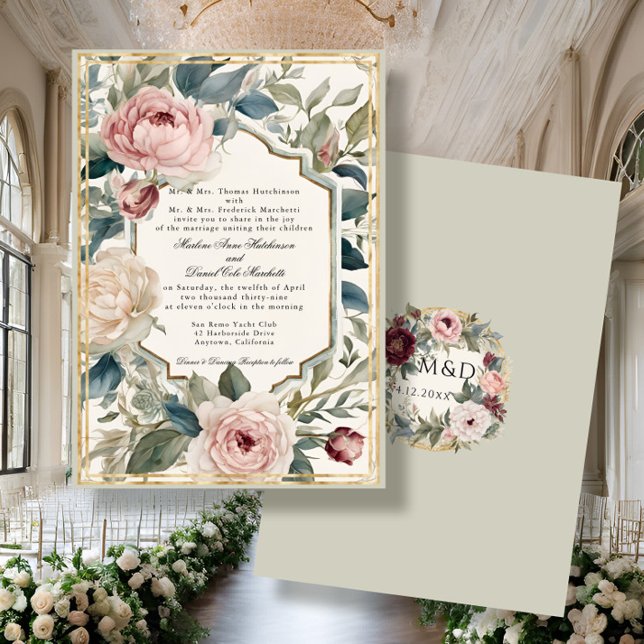 Convites Casamento Clássico Francês Vintage Floral Dourado  (Criador carregado)