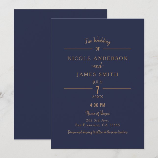 Convites Casamento Clássico Limpo Minimalista Azul Naval Do (Frente/Verso)