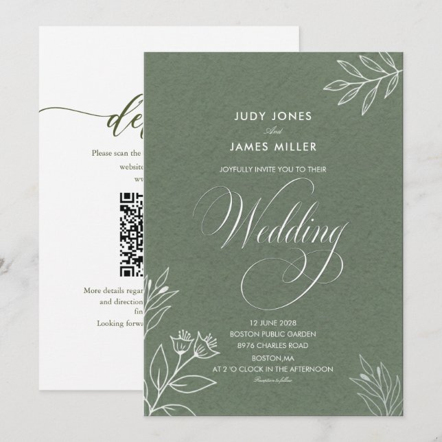 Convites casamento clássico minimal simples rústico verde s (Frente/Verso)
