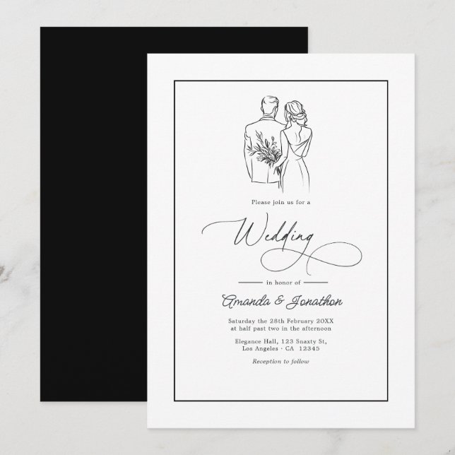 Convites Casamento Clássico Minimalista Preto e Branco (Frente/Verso)