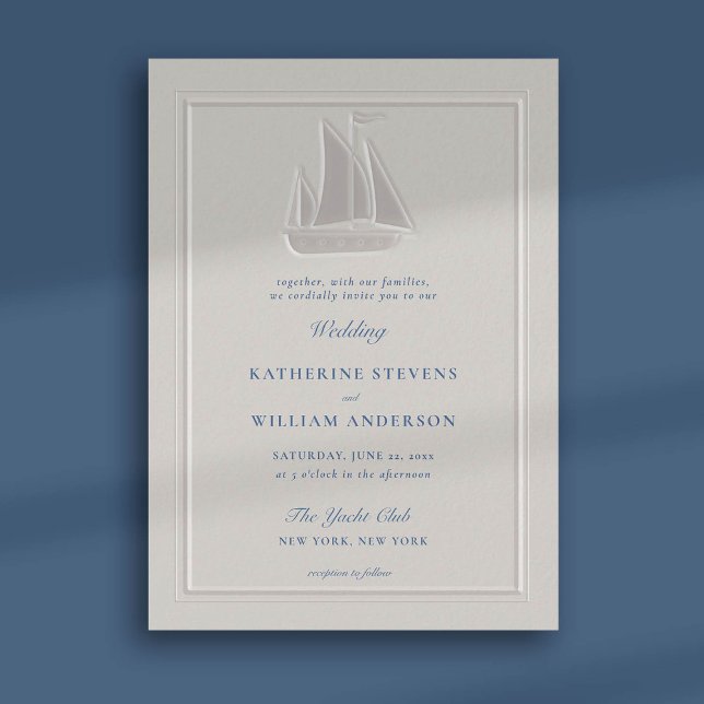 Convites Casamento Clássico Moderno com Faux Embarcado Náut (nautical beach boat yacht coastal ocean wedding invitation faux embossed pearl frame classic)