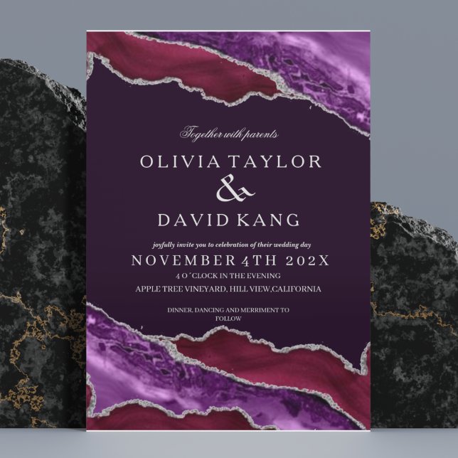 Convites Casamento Clássico Moderno da Borgonha e Prata Rox (Criador carregado)