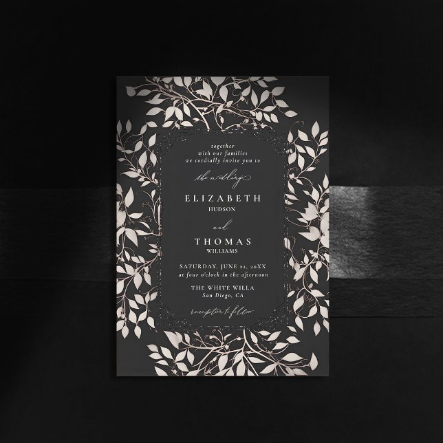 Convites Casamento Clássico Moderno da Floresta Negra Negra (moody forest wedding invitation botanical frame black white elegant modern classic whimsical)