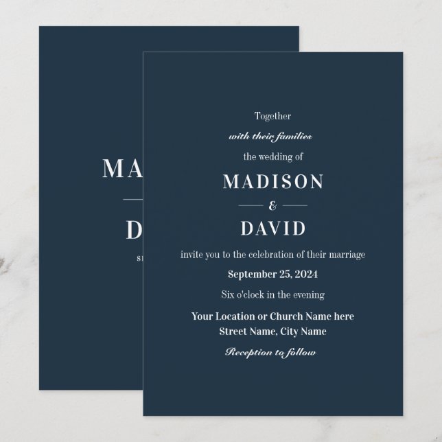 Convites Casamento Clássico Moderno de Marinho Mínimo (Frente/Verso)