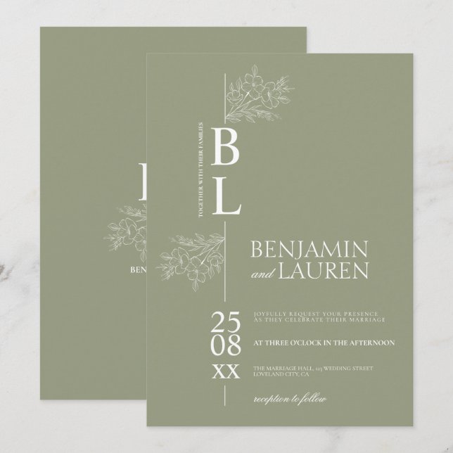 Convites Casamento Clássico Moderno Elegante Floral Sage Ve (Frente/Verso)