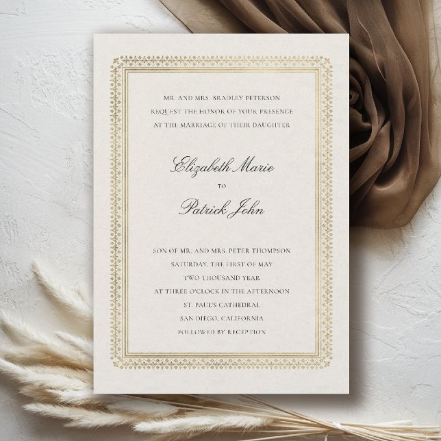 Convites Casamento Clássico Moderno em Linho Dourado Formal (formal traditional wedding invitation modern classic gold linen deco ballroom black tie)