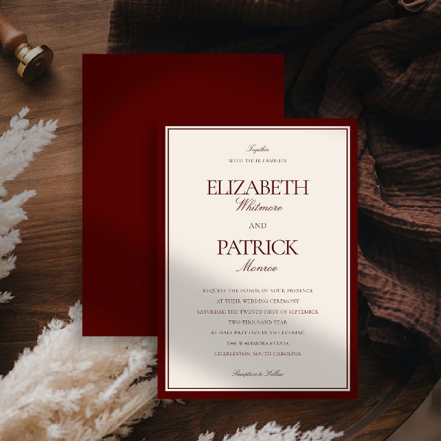 Convites Casamento Clássico Moderno Formal de Borgonha Prof (deep burgundy wedding invitation quiet luxury old money double frame formal modern classic couple)