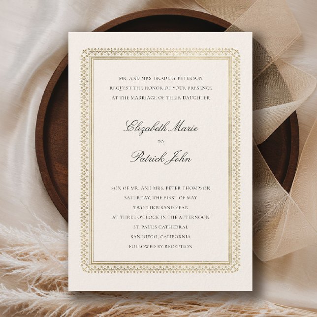 Convites Casamento Clássico Moderno Formal Dourado Lys Ecru (formal traditional wedding invitation modern classic gold ecru deco ballroom black tie)