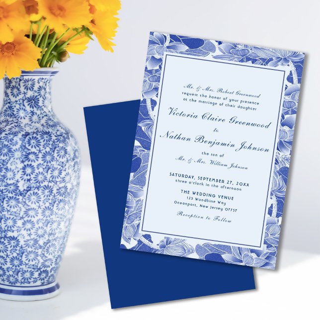 Convites Casamento Clássico Moderno Retro Blue Chinoiserie (Criador carregado)