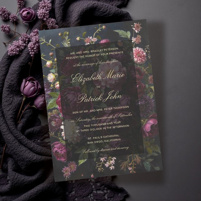 Convites Casamento Clássico Moderno Romântico Sombrio Forma (moody dark wedding invitation romantic gothic romance burgundy purple pink black gold elegant formal)
