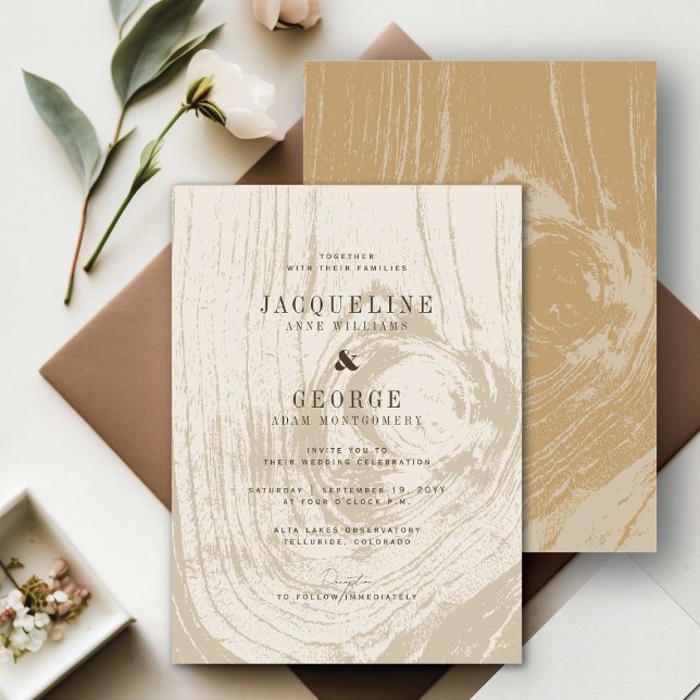 Convites Casamento Clássico Moderno Rústico de Outono com T (Classic Modern Rustic Yellow Ochre Woodgrain Chic Autumn Wedding Invitation @ fatfatin_blue_knot)