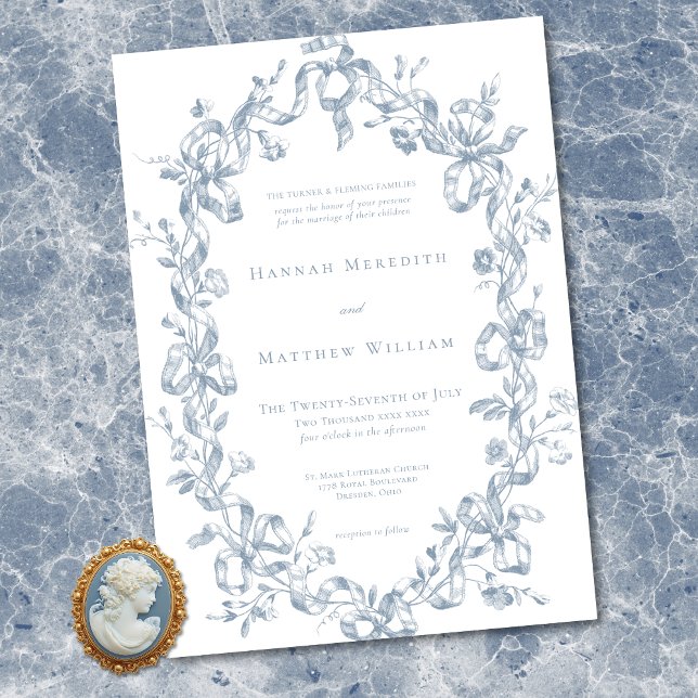 Convites Casamento Clássico Moldura Oval de Fita Azul Elega (Classic Elegant Blue Oval Ribbon Frame Wedding Invitation)