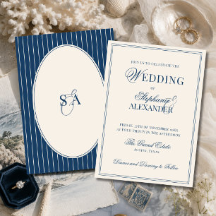 Convites Casamento Clássico Monograma Azul Marinho Marfim D