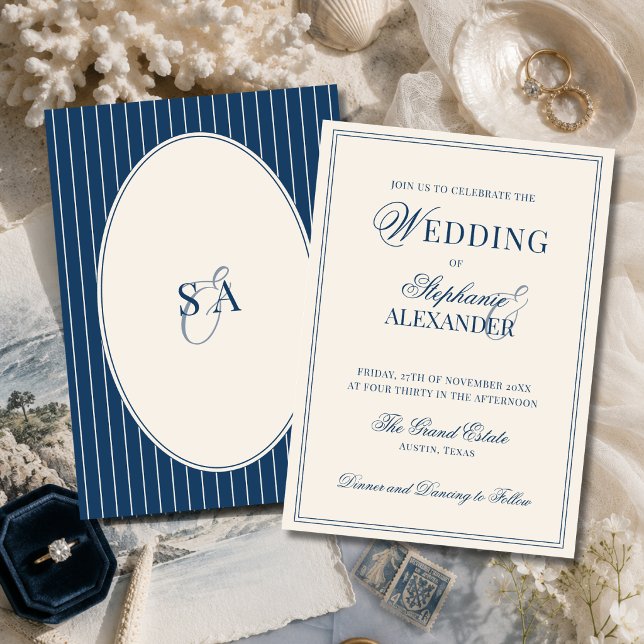 Convites Casamento Clássico Monograma Azul Marinho Marfim D (Criador carregado)