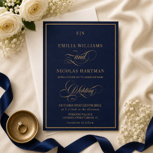 Convites Casamento Clássico Monograma Cobalto Azul e Dourad