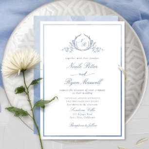 Convites Casamento Clássico Monograma Dusty Blue Watercolor