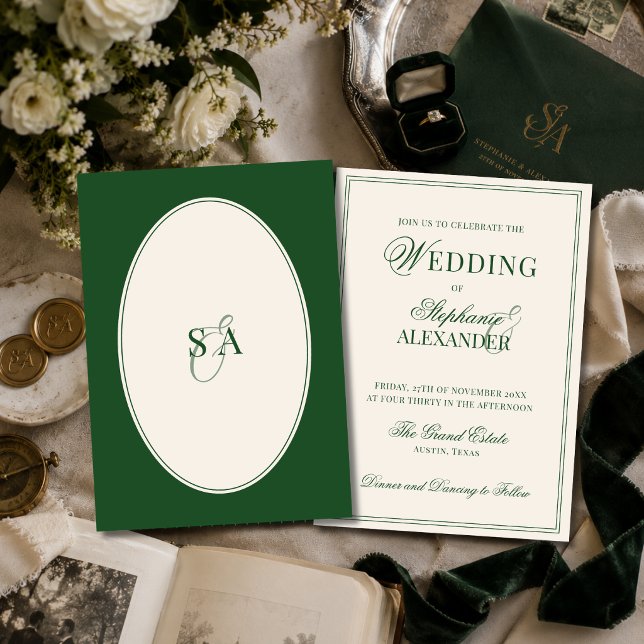 Convites Casamento Clássico Monograma Esmeralda Verde Old M (Criador carregado)